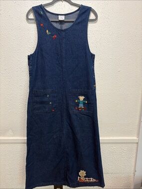 Westbound Dark Blue Denim Jumper Dress with Embroidered Accents